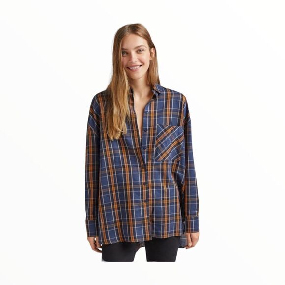 BERSHKA | Blue & Brown | OVERSIZED PLAID SHIRT - Picture 2 of 9